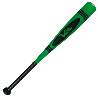 The 2025 Victus Vibe Crayon JBB (-10) USSSA Baseball Bat features a green aluminum barrel with black accents, a black grip, and the Victus logo. It offers a vibration-reducing knob and textured handle for comfort, shown on a white background.