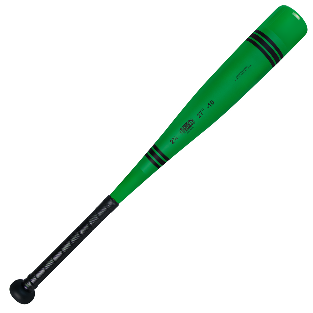 The 2025 Victus Vibe Crayon JBB (-10) 2 3/4" USSSA Baseball Bat by Victus, shown on a white background, features green aluminum with black stripes near the barrel, a black grip handle, and a vibration reducing knob.