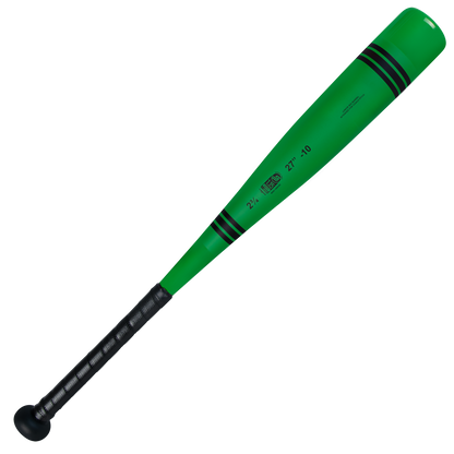 The 2025 Victus Vibe Crayon JBB (-10) 2 3/4" USSSA Baseball Bat by Victus, shown on a white background, features green aluminum with black stripes near the barrel, a black grip handle, and a vibration reducing knob.
