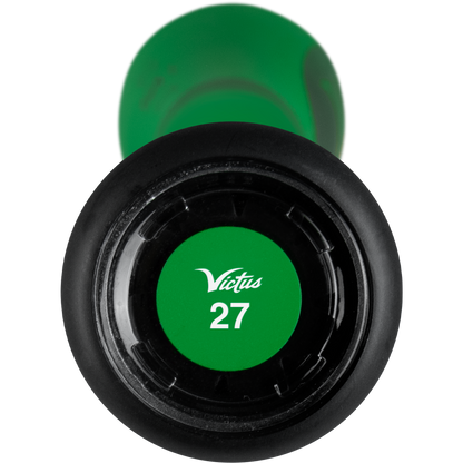 Close-up of the 2025 Victus Vibe Crayon JBB (-10) USSSA Baseball Bat’s green end cap, which features "Victus 27" in white text and highlights its vibration-reducing knob for added comfort.