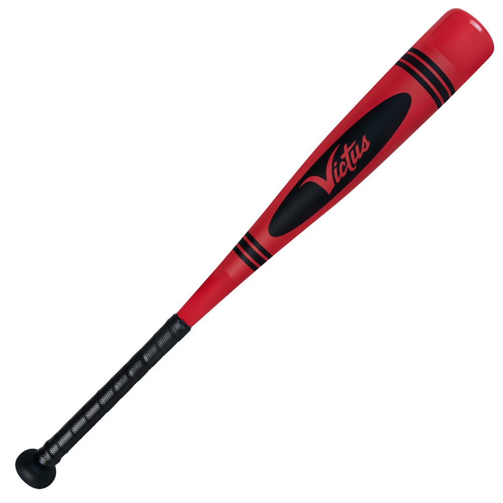 The 2025 Victus Vibe Crayon JBB (-10) 2 3/4" USSSA Baseball Bat features a red aluminum barrel, black grip tape and accents, the Victus logo in black script, and a vibration-reducing knob. Displayed against a plain white background.