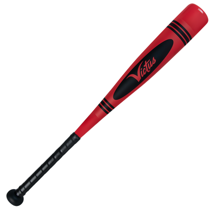 The 2025 Victus Vibe Crayon JBB (-10) 2 3/4" USSSA Baseball Bat features a red aluminum barrel, black grip tape and accents, the Victus logo in black script, and a vibration-reducing knob. Displayed against a plain white background.