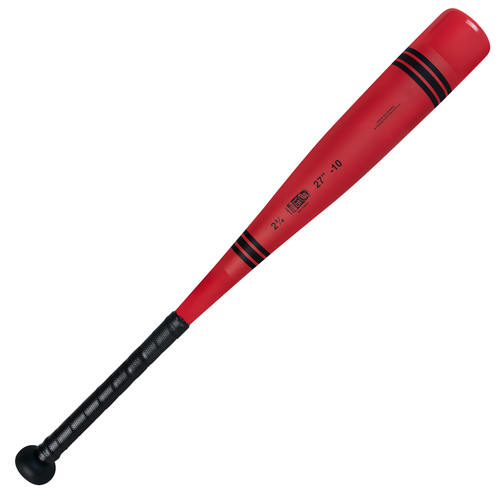 The Victus 2025 Vibe Crayon JBB (-10) USSSA bat features red aluminum, a black grip handle, black stripes near the top, a vibration-reducing knob, and is shown on a white background.
