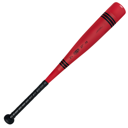 The Victus 2025 Vibe Crayon JBB (-10) USSSA bat features red aluminum, a black grip handle, black stripes near the top, a vibration-reducing knob, and is shown on a white background.