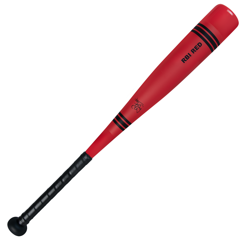 The 2025 Victus Vibe Crayon JBB (-10) USSSA Baseball Bat features a red aluminum design with black grip tape, black barrel rings, a vibration-reducing knob, and "RBI RED" text near the top.