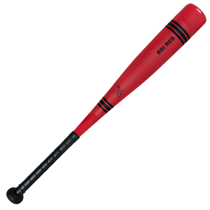The 2025 Victus Vibe Crayon JBB (-10) USSSA Baseball Bat features a red aluminum design with black grip tape, black barrel rings, a vibration-reducing knob, and "RBI RED" text near the top.