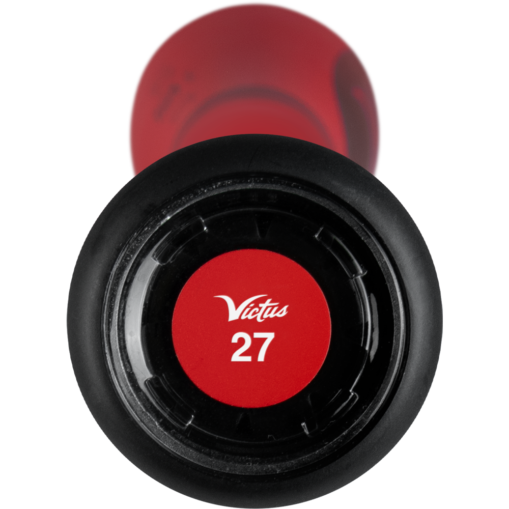Close-up of the red end cap on the Victus Vibe Crayon JBB (-10) USSSA Baseball Bat by Victus, showing “Victus” and “27” in white. The bat includes a vibration-reducing knob, and its red handle fades into the background.