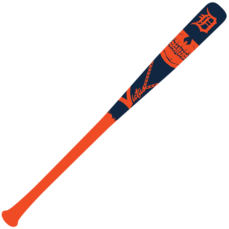 The Victus Detroit Tigers MLB Souvenir Bat (VMLBSMDET) features a vivid orange handle and barrel, with a navy design showing an orange skull, chain, "D," and "Vitals"—a perfect Detroit Tigers collectible from Victus.