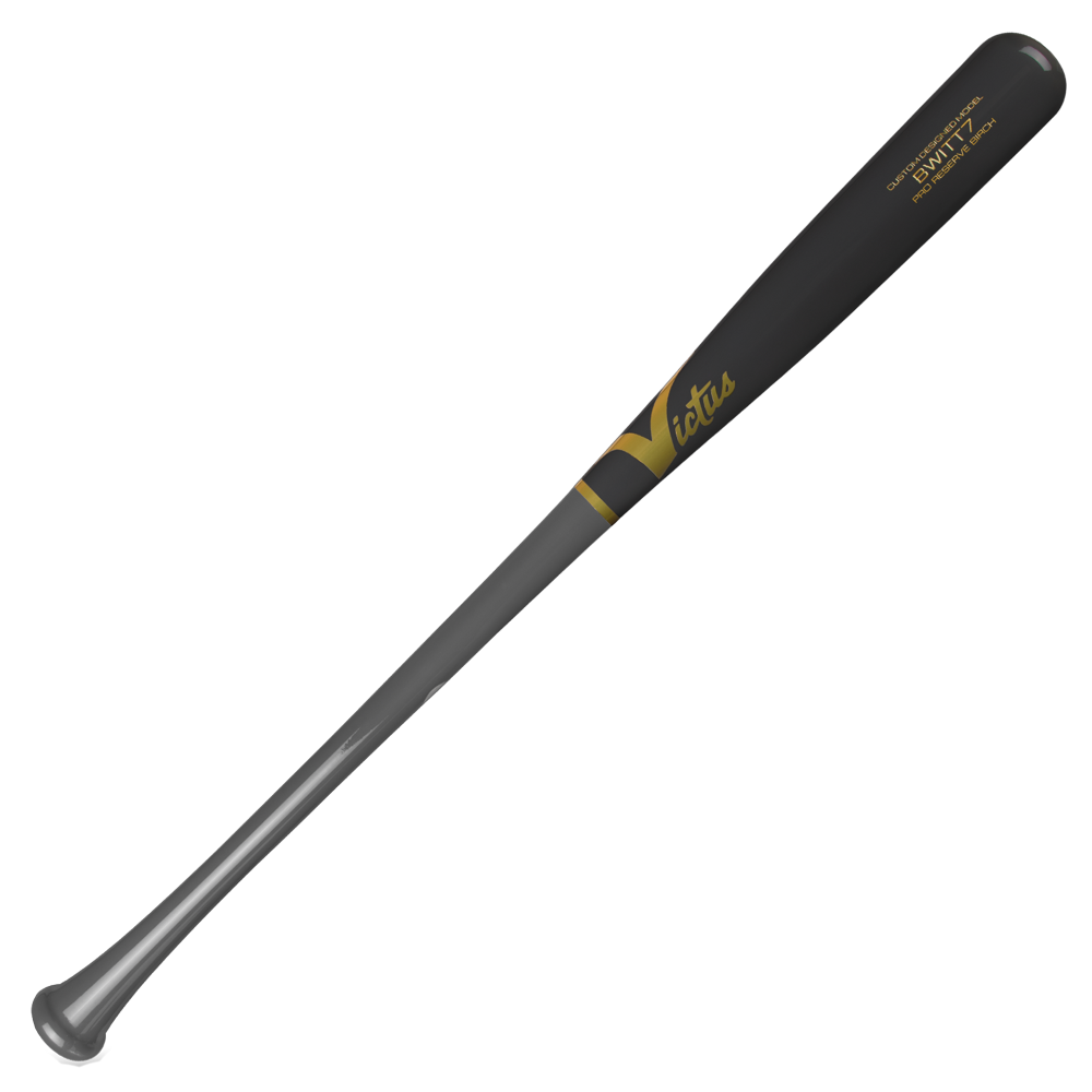 A Victus Bobby Witt Jr BWITT7 Pro Reserve Birch Wood Bat (VRWBBW7), featuring black and silver colors with gold barrel accents, is displayed on a plain white background.