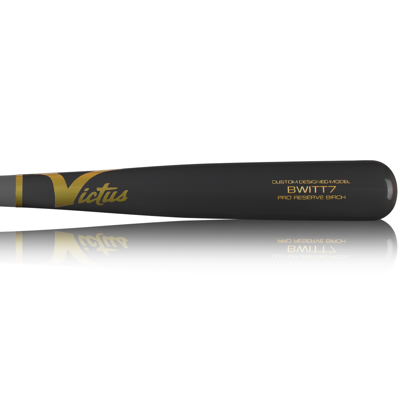 The Victus Bobby Witt Jr BWITT7 Pro Reserve Birch Wood Bat (VRWBBW7) is a black balanced bat with gold "Victus" and "BWITT7 PRO RESERVE BIRCH" lettering, inspired by Bobby Witt Jr, shown on a white background.