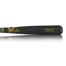 The Victus Bobby Witt Jr BWITT7 Pro Reserve Birch Wood Bat (VRWBBW7) is a black balanced bat with gold "Victus" and "BWITT7 PRO RESERVE BIRCH" lettering, inspired by Bobby Witt Jr, shown on a white background.