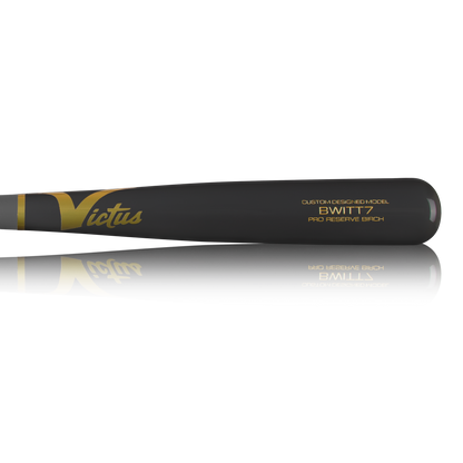 The Victus Bobby Witt Jr BWITT7 Pro Reserve Birch Wood Bat (VRWBBW7) is a black balanced bat with gold "Victus" and "BWITT7 PRO RESERVE BIRCH" lettering, inspired by Bobby Witt Jr, shown on a white background.