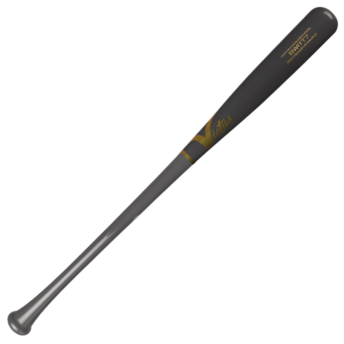 The Victus Bobby Witt Jr BWITT7 Pro Reserve Maple Wood Bat (VRWMBWITT7) features a black and gray design with gold and white Victus branding, showcased on a white background.