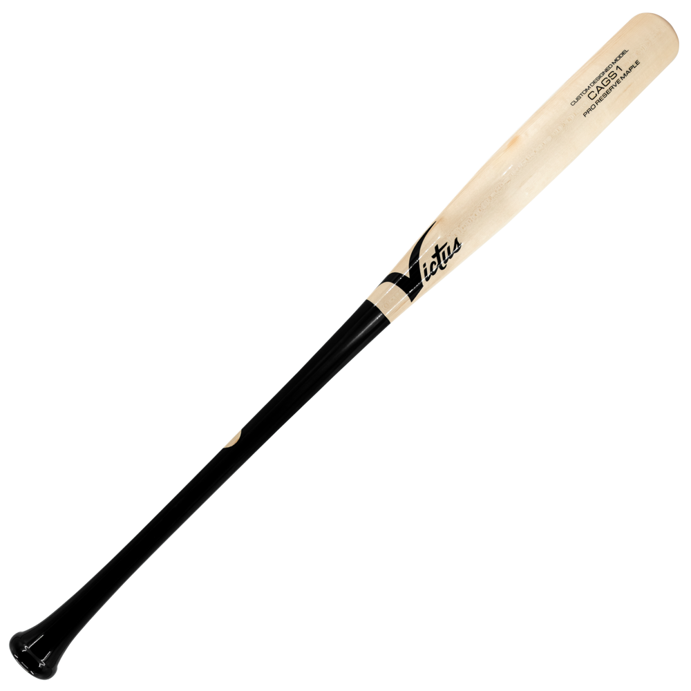 Victus Jac Caglianone CAGS1Pro Reserve Maple Wood Bat with a black handle and a natural wood barrel featuring black text, a logo, and a balanced swing.