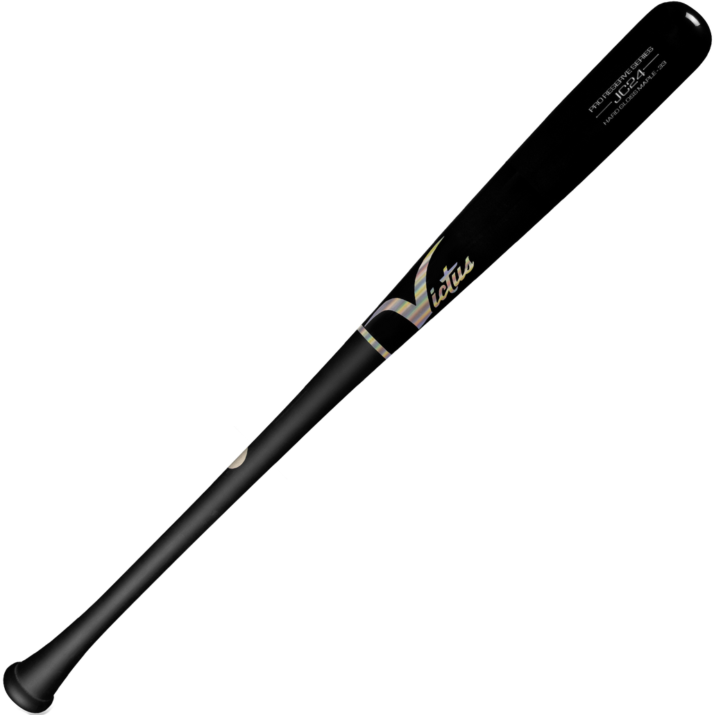 The Victus JC24 Pro Reserve Maple Wood Bat (VRWMJC24-MBK/BKW) is a balanced black maple bat with gold Victus script and white accents on the barrel, displayed against a plain white background.