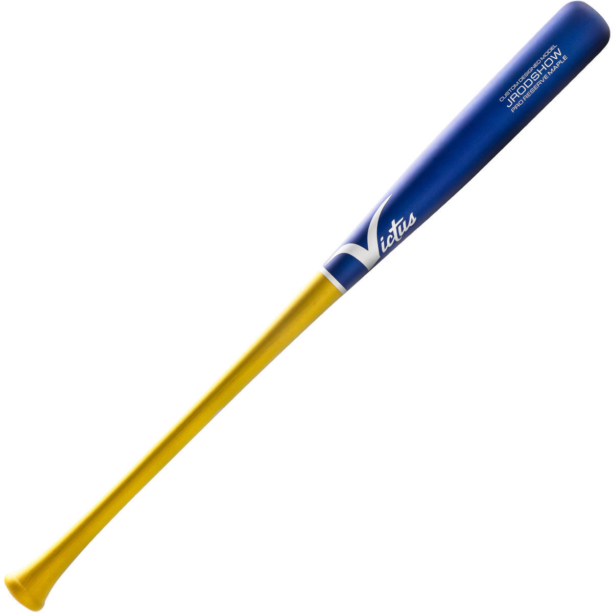 The Victus Julio Rodriguez JRODSHOW Pro Reserve Maple Wood Bat (VRWMJROD) features a blue handle and barrel, yellow grip and lower half, and white Victus branding—echoing Julio Rodriguez’s iconic pro model design.