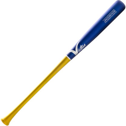 The Victus Julio Rodriguez JRODSHOW Pro Reserve Maple Wood Bat (VRWMJROD) features a blue handle and barrel, yellow grip and lower half, and white Victus branding—echoing Julio Rodriguez’s iconic pro model design.