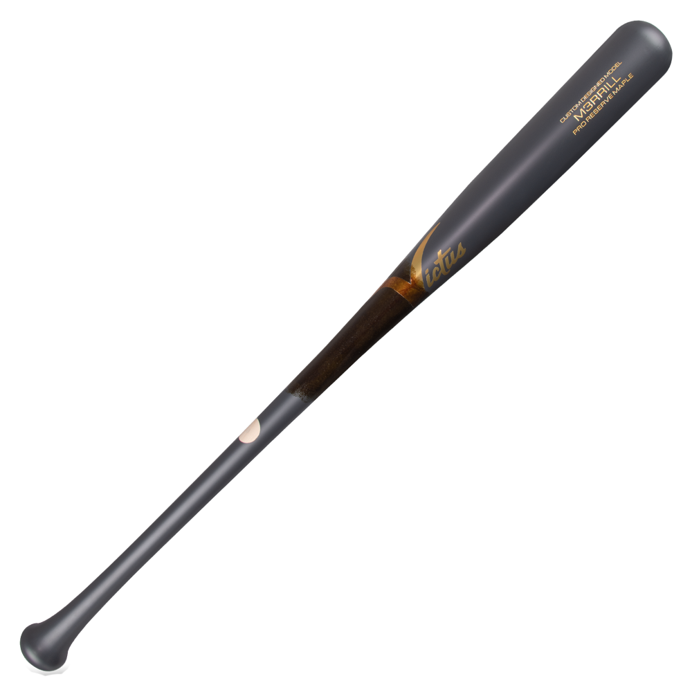 The Victus Jackson Merrill M3RRILL Pro Reserve VRWMM3RRILL is a black maple wood bat with a glossy finish, gold branding, and a slightly flared knob at the handle, shown against a white background.