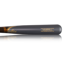 A close-up of the Victus Jackson Merrill M3RRILL Pro Reserve Maple Wood Bat (VRWMM3RRILL) in black with gold text and Victus logo; its reflection appears on the white background.