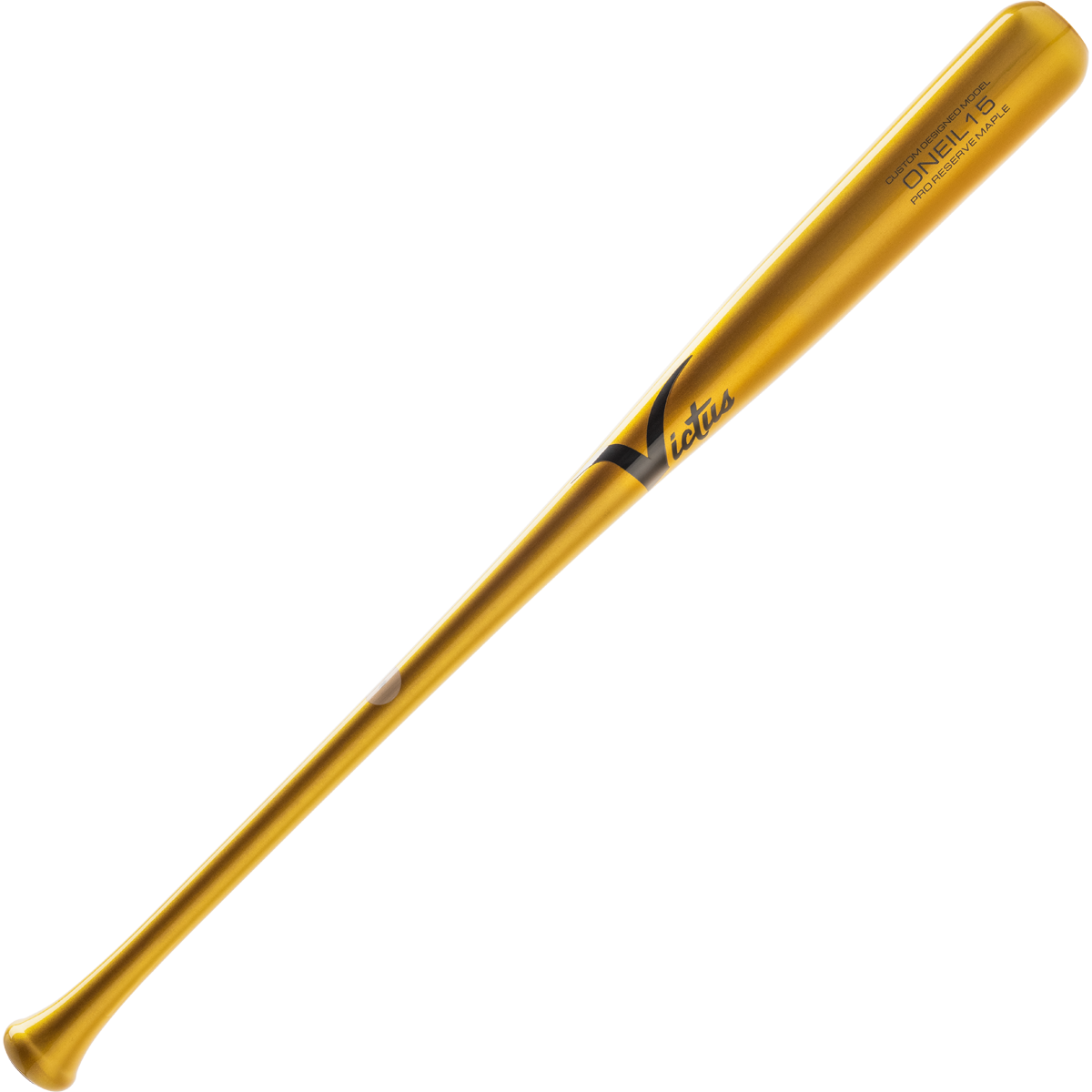 The Victus ONEIL15 Oneil Cruz Pro Reserve Maple Wood Bat (VRWMONEIL15), featuring a gold color, is displayed on a plain white background.