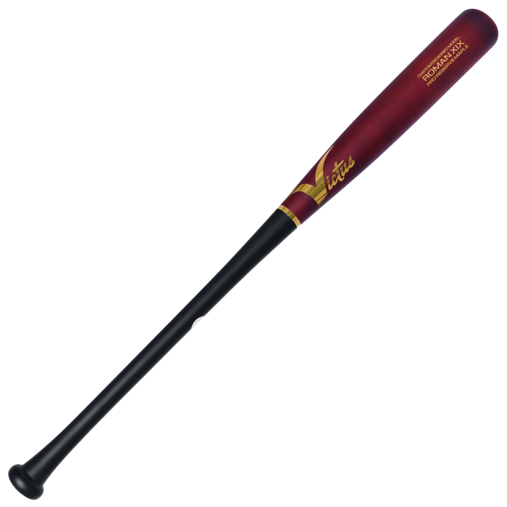A Victus Roman Anthony ROMANXIX Pro Reserve Maple Wood Bat: VRWMROMAN with a black handle and a deep red barrel featuring gold lettering that reads ROMAN XIX.