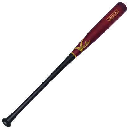 A Victus Roman Anthony ROMANXIX Pro Reserve Maple Wood Bat: VRWMROMAN with a black handle and a deep red barrel featuring gold lettering that reads ROMAN XIX.