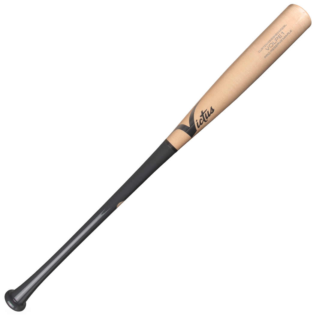 The Victus Anthony Volpe VOLPE1 Pro Reserve Maple Wood Bat (VRWMVOLP1) features a natural tan barrel, black handle, and visible Victus branding. It is displayed diagonally against a plain light background.