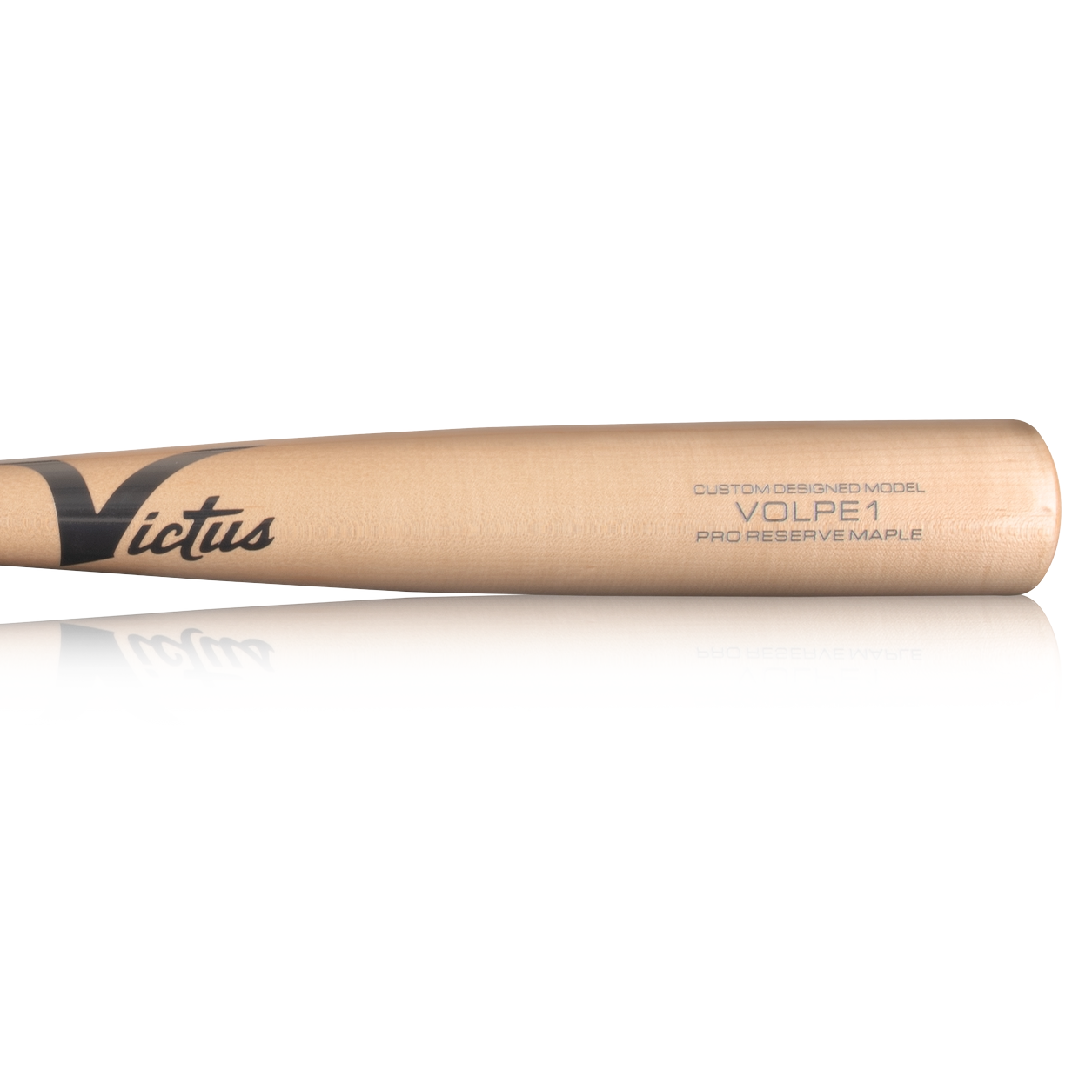 A close-up of the Victus Anthony Volpe VOLPE1 Pro Reserve Maple Wood Bat (VRWMVOLP1) showcases its engraved barrel and premium craftsmanship against a plain white background.