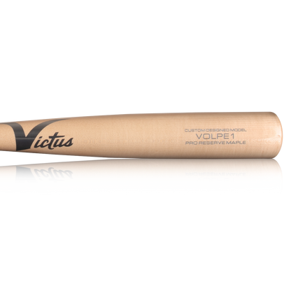 A close-up of the Victus Anthony Volpe VOLPE1 Pro Reserve Maple Wood Bat (VRWMVOLP1) showcases its engraved barrel and premium craftsmanship against a plain white background.