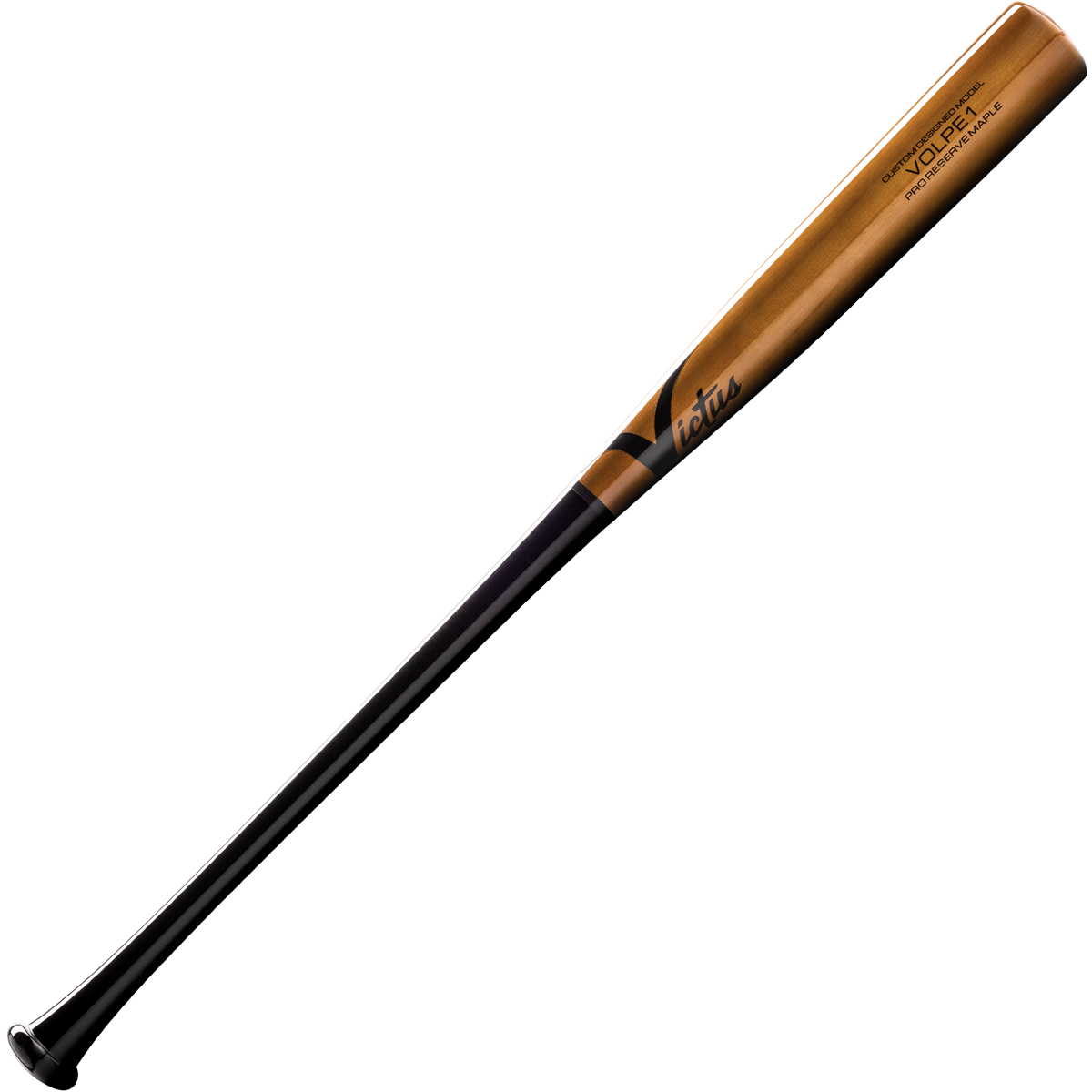 The Victus VOLPE1 Anthony Volpe Pro Reserve Maple Wood Bat (VRWMVOLPE1) by Victus features a natural brown barrel, black handle, balanced design, and branding near the barrel, displayed on a light background.