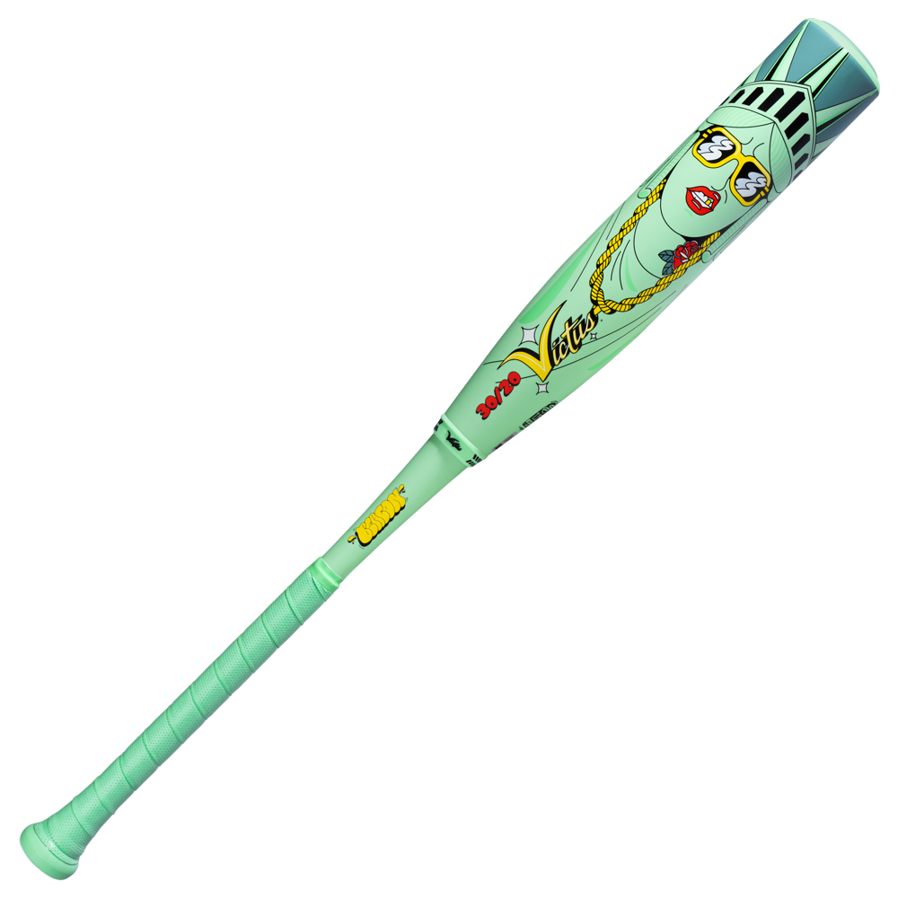 The Victus 2027 Nova Lit Beacon (-10) USSSA bat features a mint green composite XL barrel with a cartoon Statue of Liberty in glasses, red lipstick, and gold chains, plus "Vatos x Venus," echoing bold designs typical of Victus.