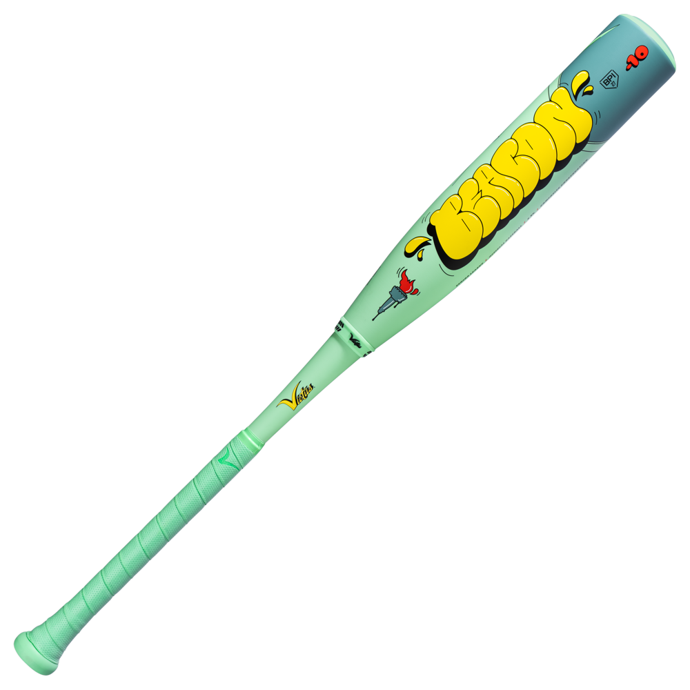The 2027 Victus Nova Lit Beacon (-10) 2 3/4" USSSA bat features a mint green composite design, XL barrel, wrapped grip, yellow BISON bubble text, red rose graphic, and a yellow -10 mark—crafted by Victus for standout style.