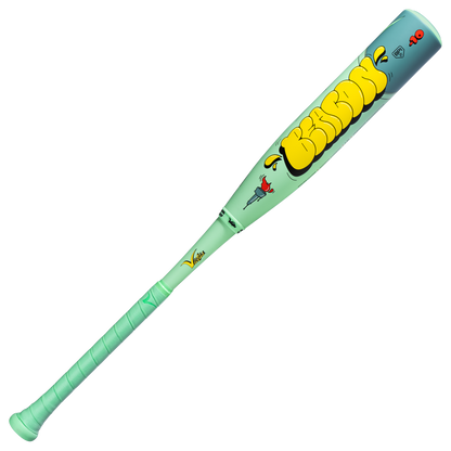 The 2027 Victus Nova Lit Beacon (-10) 2 3/4" USSSA bat features a mint green composite design, XL barrel, wrapped grip, yellow BISON bubble text, red rose graphic, and a yellow -10 mark—crafted by Victus for standout style.