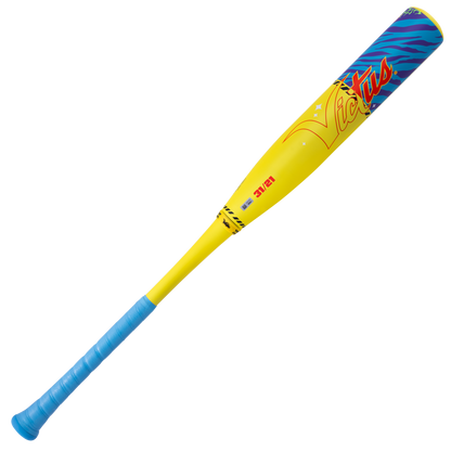 The 2026 Victus Nova Lit (-10) 2 3/4" USSSA Baseball Bat by Victus features a yellow composite design, blue grip, and a decorated barrel with blue and red accents plus "Victus Nova Lit" in bold red—perfect for your next USSSA game.