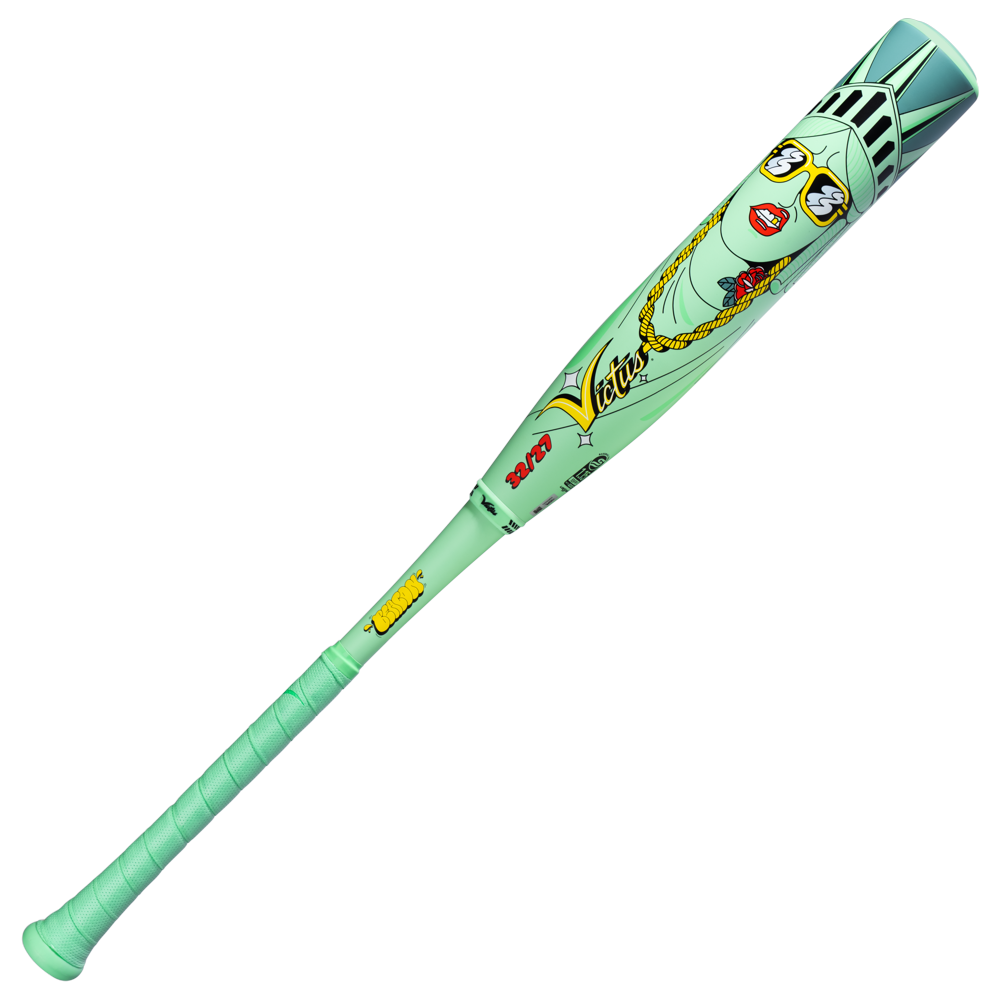 The 2027 Victus Nova Lit Beacon (-5) 2 3/4" USSSA Baseball Bat (VSBNL5B) from Victus features a mint green design with a cartoon Statue of Liberty face, glasses, red lips, gold jewelry, "Vatus," colorful graphics, and an XL composite barrel.