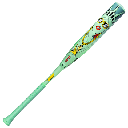 The 2027 Victus Nova Lit Beacon (-5) 2 3/4" USSSA Baseball Bat (VSBNL5B) from Victus features a mint green design with a cartoon Statue of Liberty face, glasses, red lips, gold jewelry, "Vatus," colorful graphics, and an XL composite barrel.
