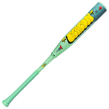 The 2027 Victus Nova Lit Beacon (-5) 2 3/4" USSSA Baseball Bat (VSBNL5B) by Victus features a light green design with an XL barrel, wrapped grip, yellow graffiti-style BISON text, and cartoon art including a rose on the barrel.