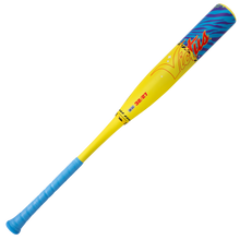 The 2026 Victus Nova Lit (-5) USSSA baseball bat features a yellow body, blue handle and barrel tip with wavy patterns, and “Victus” in red script on the barrel.