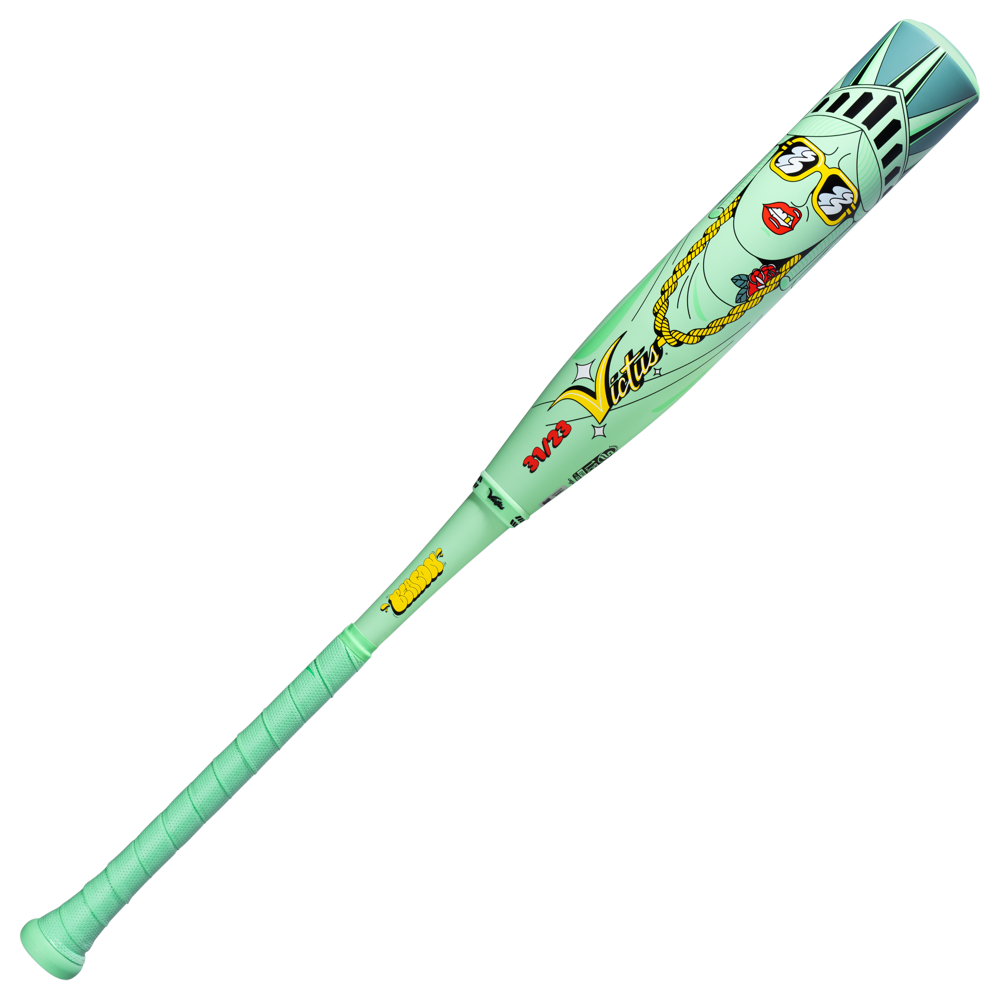 The 2027 Victus Nova Lit Beacon (-8) 2 3/4" USSSA Baseball Bat by Victus features a mint green carbon fiber finish, XL barrel, and vibrant Statue of Liberty cartoon with sunglasses, gold chain, red lipstick, and USA Vibes text.