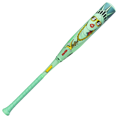 The 2027 Victus Nova Lit Beacon (-8) 2 3/4" USSSA Baseball Bat by Victus features a mint green carbon fiber finish, XL barrel, and vibrant Statue of Liberty cartoon with sunglasses, gold chain, red lipstick, and USA Vibes text.