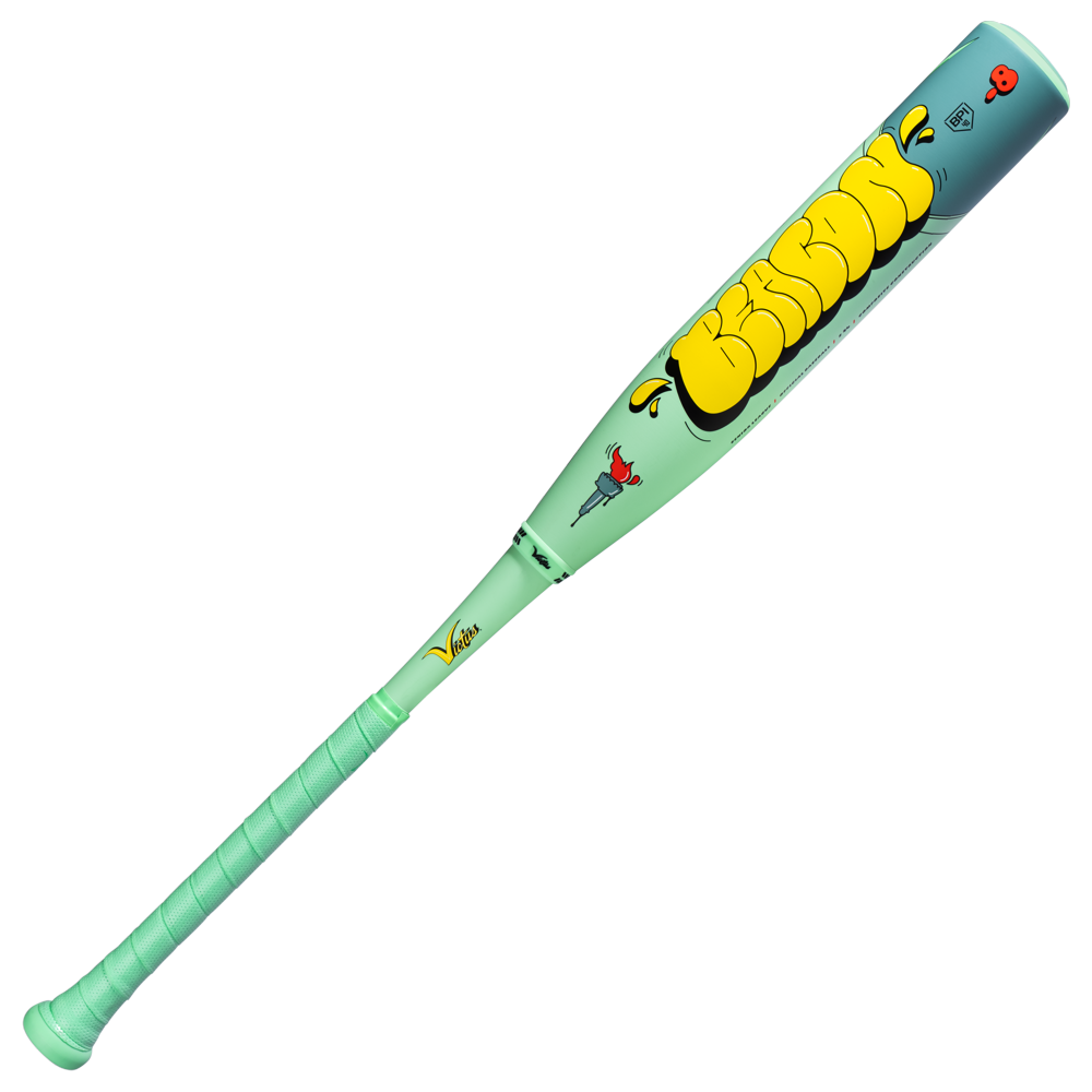 The 2027 Victus Nova Lit Beacon (-8) USSSA baseball bat features mint green carbon fiber, an XL barrel, yellow graffiti-style BRONX text, and cartoon graphics including a red rose, gray skull, and small red heart.