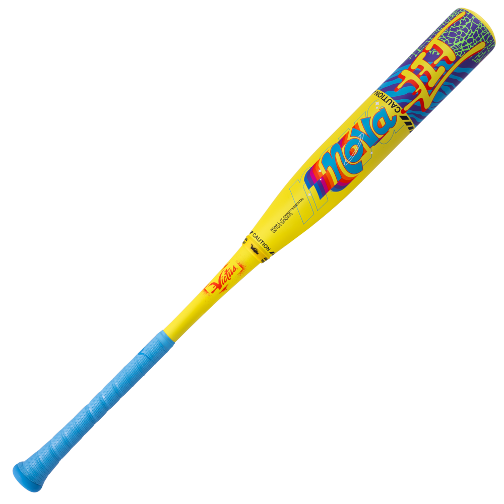 The 2026 Victus Nova Lit (-8) 2 3/4" USSSA Baseball Bat (VSBNL8) features a blue handle, yellow body, multicolored “Nola” graphics, and a blue-taped grip. It’s shown against a white background.