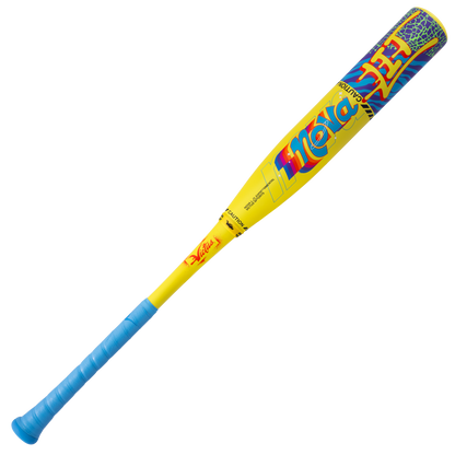 The 2026 Victus Nova Lit (-8) 2 3/4" USSSA Baseball Bat (VSBNL8) features a blue handle, yellow body, multicolored “Nola” graphics, and a blue-taped grip. It’s shown against a white background.