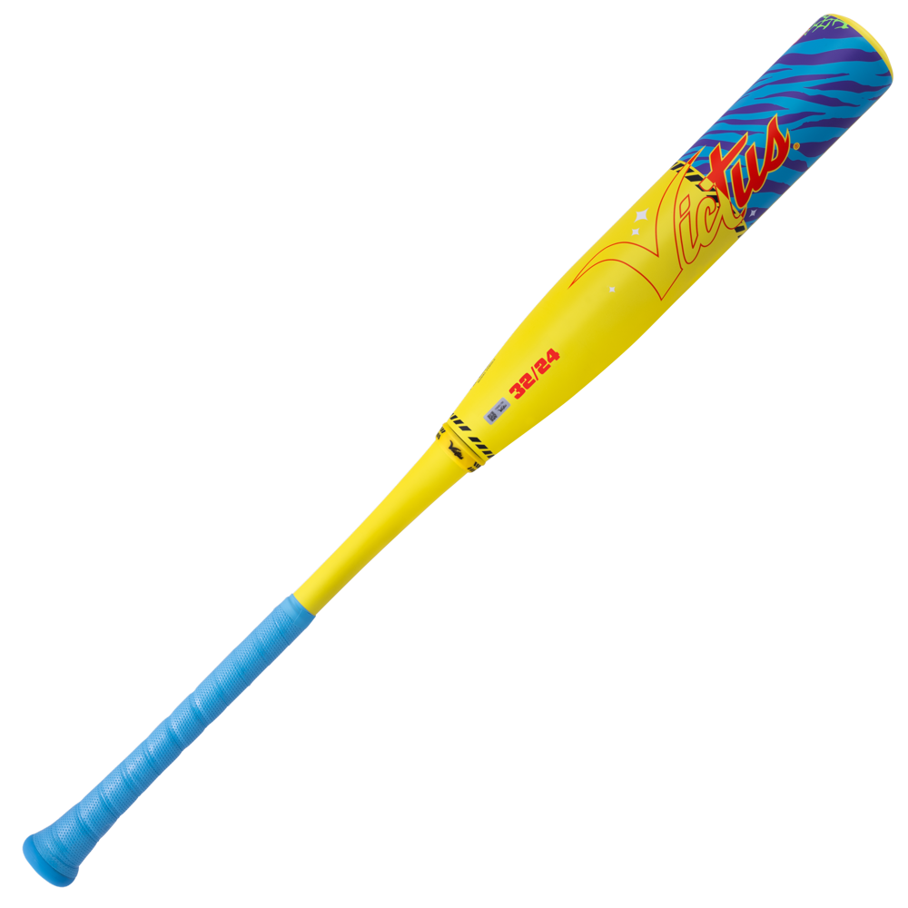 The 2026 Victus Nova Lit (-8) USSSA Baseball Bat features a yellow and blue design with a blue grip, colorful patterns, and "Victus" in red and orange script near the barrel, making it stand out on the field.