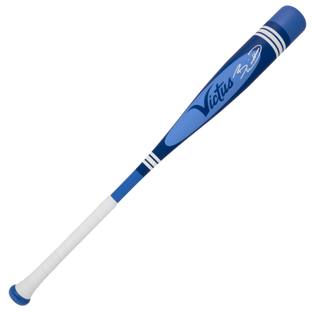 The 2025 Victus Vibe Pro-Crayon Bobby Witt Jr (-10) USSSA bat features a blue aluminum one-piece design, white handle grip and stripes, a shark logo on the barrel, and a comfort-enhancing vibration reducing knob.