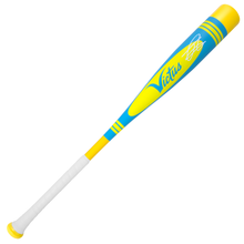 The 2025 Victus Vibe Pro-Crayon Julio Rodriguez (-10) USSSA bat features blue and yellow aluminum, "Victus" script, a white grip, yellow stripes by the handle and end, plus a stylized barrel design.