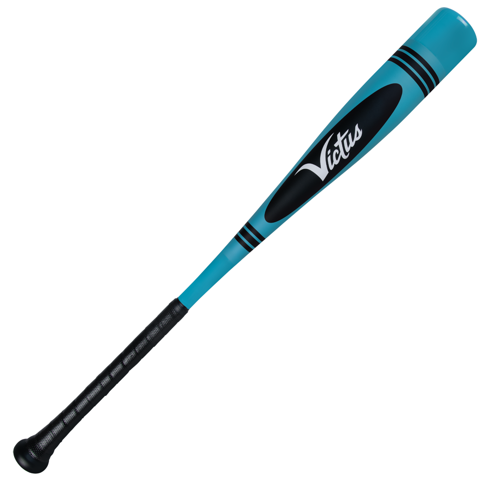 The 2025 Victus Vibe Crayon (-10) 2 5/8" USA Baseball Bat features a turquoise and black one-piece aluminum design with black grip tape, black accents, a vibration-reducing knob, and the Victus brand printed on it.
