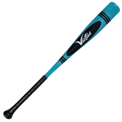 The 2025 Victus Vibe Crayon (-10) 2 5/8" USA Baseball Bat features a turquoise and black one-piece aluminum design with black grip tape, black accents, a vibration-reducing knob, and the Victus brand printed on it.
