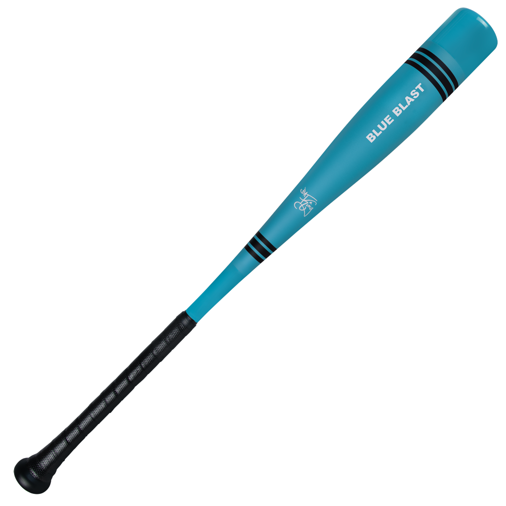 The 2025 Victus Vibe Crayon (-10) 2 5/8" USA Baseball Bat (VSBVIB10CU) by Victus features a blue and black one-piece aluminum design with a black grip handle, two black bands near the barrel, and a vibration reducing knob.