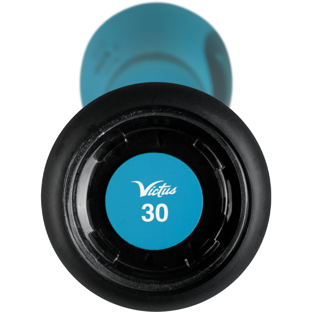 Close-up of the knob end of the 2025 Victus Vibe Crayon (-10) USA Baseball Bat, showing a blue sticker with "Victus" and "30" in white. The bat features a blue handle and a vibration-reducing knob for comfort.